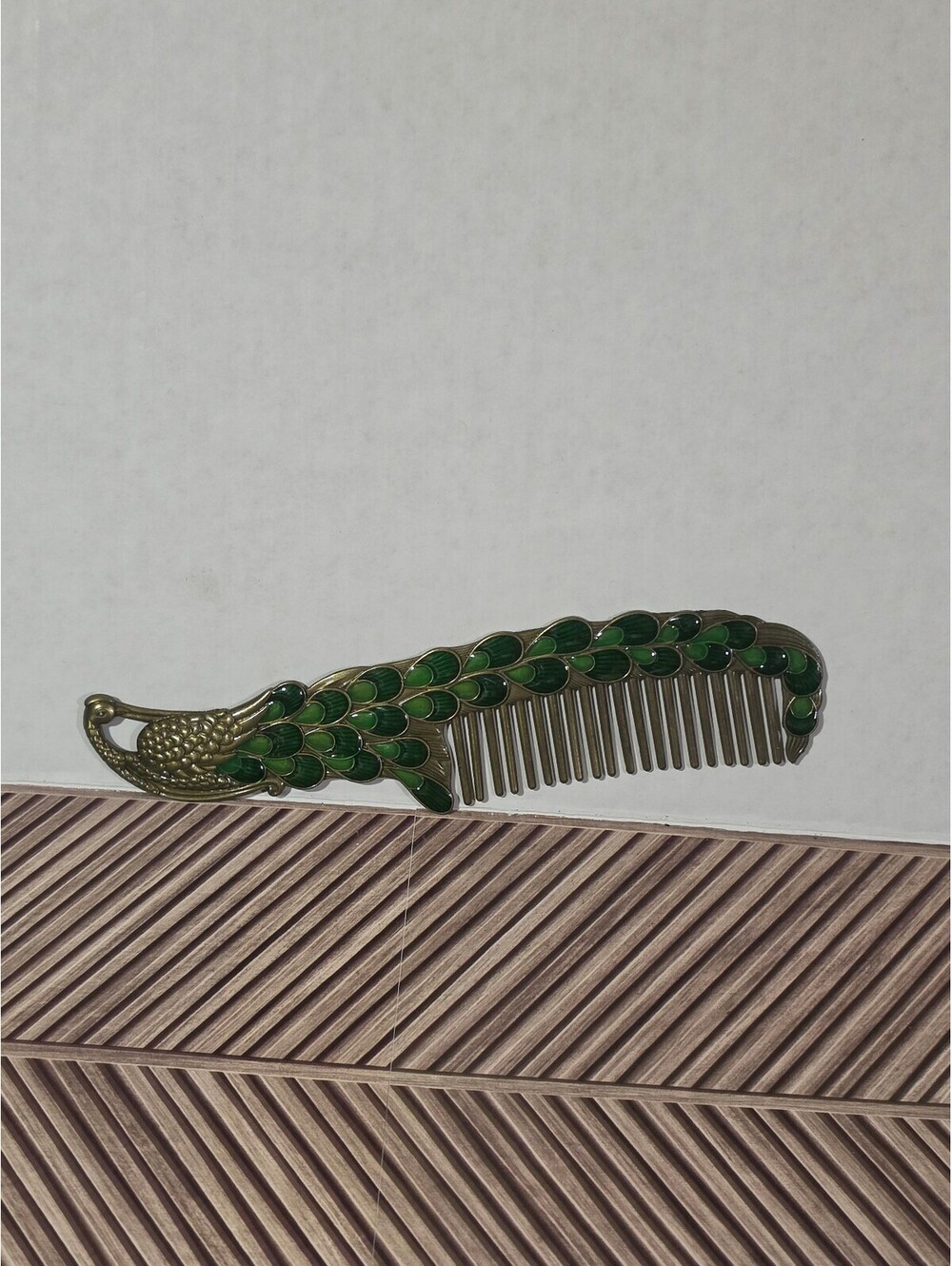 Vintage Peacock Design Hair Comb with Green Enamel Detailing